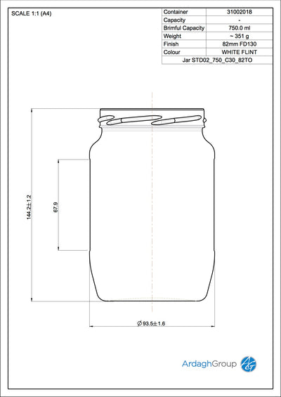 750ml Flint Glass Food Jar - Ardagh