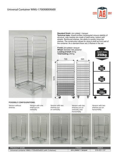 Container WMU 1700x800x600 with Shelf – Extra-Long Roll Cage for Oversized Goods - AB Range