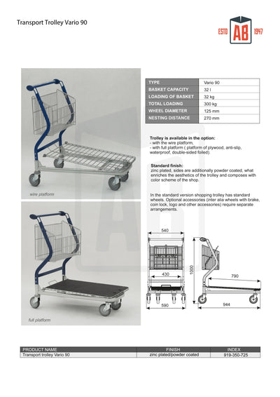 Vario 90 Transport Trolley – Fixed Basket Trolley with Plywood Platform - AB Range