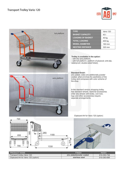Vario 120 Transport Trolley – Fixed Basket Trolley with Wire Platform - AB Range