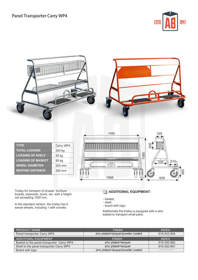 Carry WP4 Plate Trolley – With Basket and Shelf for Sheet Material Handling - AB Range