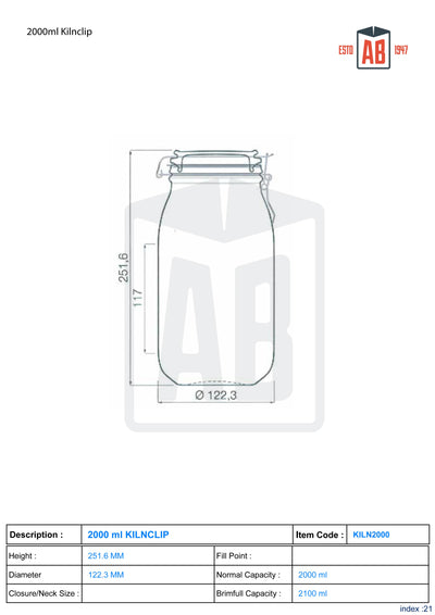 2000ml Kilnclip Glass Jar