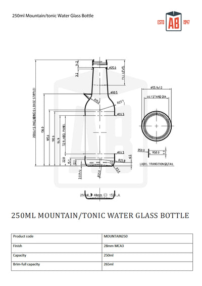 250ml Mountain/Tonic Water Glass Bottle