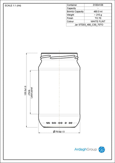 480ml Flint Glass Food Jar - Ardagh