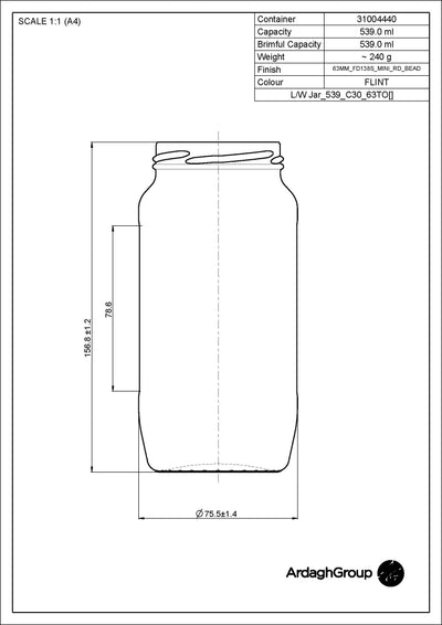 539ml Flint Glass Food Jar - Ardagh