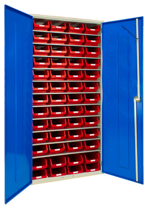 2000mm lockable mild steel small parts storage cabinet with 52 bins and 11 shelves