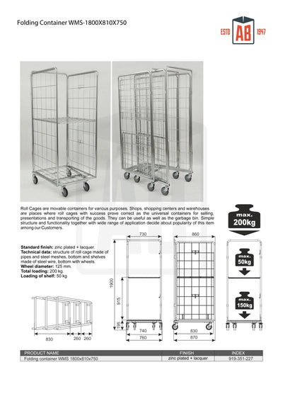 Folding Container WMS 1800x810x750 – Collapsible Roll Cage for Space-Saving Storage - AB Range