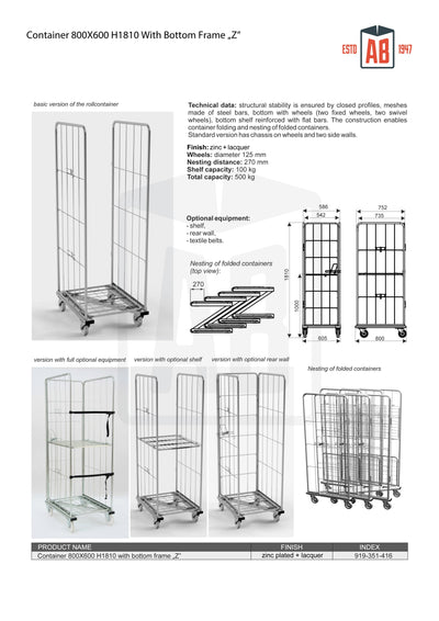 Container 800x600 H1810 with Bottom Z-Frame – Tall Roll Cage for Stable Storage - AB Range