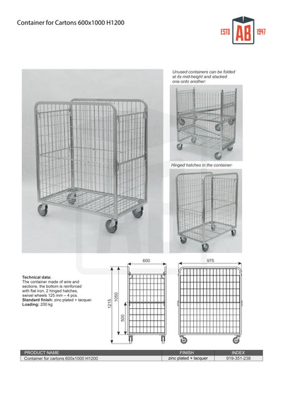 Container for Cartons 600x1000 H1200 – Optimized Roll Cage for Boxed Goods - AB Range