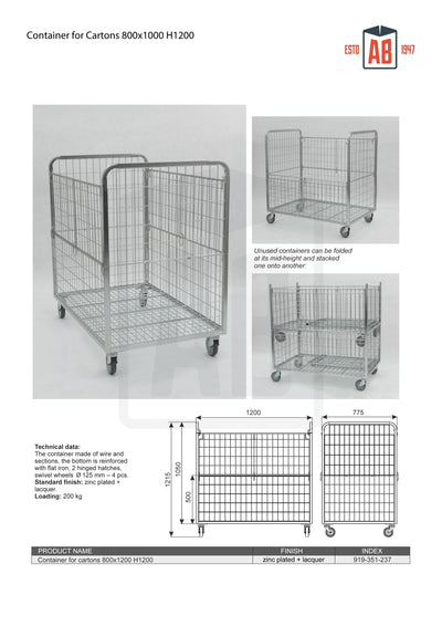 Container for Cartons 800x1200 H1200 – Large Roll Cage for Boxed Goods Handling - AB Range