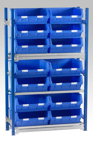 Mild steel single starter bay shelving unit with small parts bin kits 942mm wide by 1500mm high