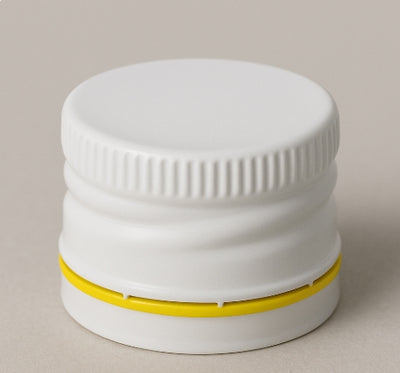 28mm T/E White Cap with Yellow Band – Polycone Lined, Tamper-Evident Seal