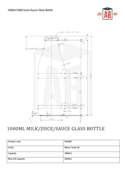 1 Litre Screw Neck Glass Milk Bottles – 48mm Neck | MOQ 1 Pallet (1352 Units)