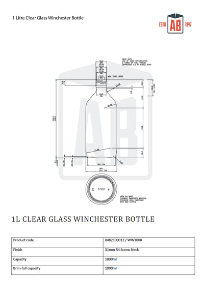 1 Litre Clear Glass Winchester Bottle