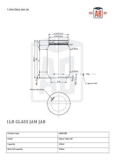 378ml (1lb) Glass Jam Jar