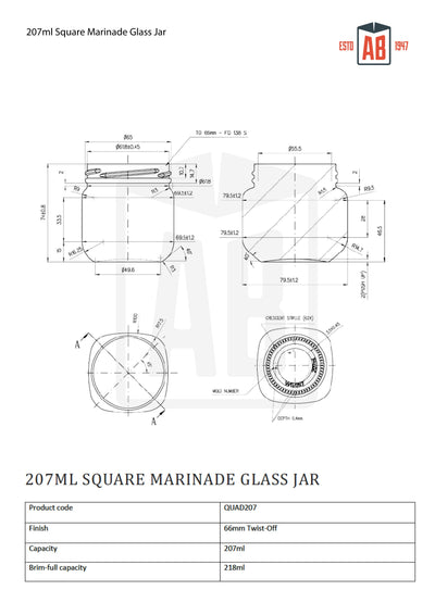 207ml Square Marinade Jar
