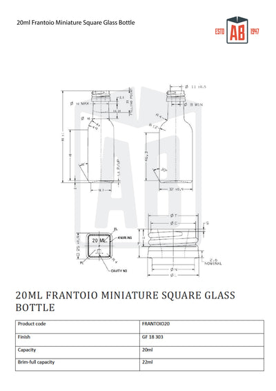 20ml Frantoio Miniature Square Bottle