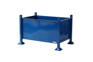 Heavy duty blue sheet steel rigid box pallet measuring 915 x 610mm with cupped feet for stacking